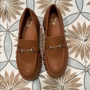 New York & Company Lug Sole Cognac Loafers with Horsebit Detail